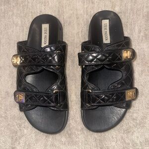 Steve Madden Black Quilted Slide Sandals with Gold Buckles